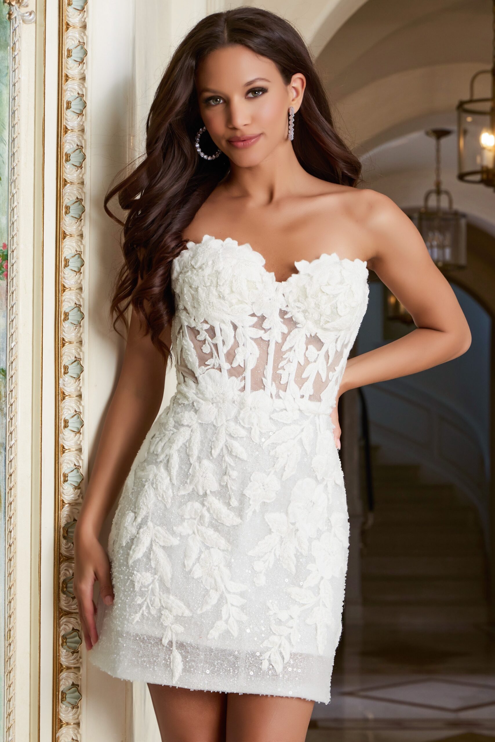 Jovani -45855 Corset Bodice Floral Lace Short Dress