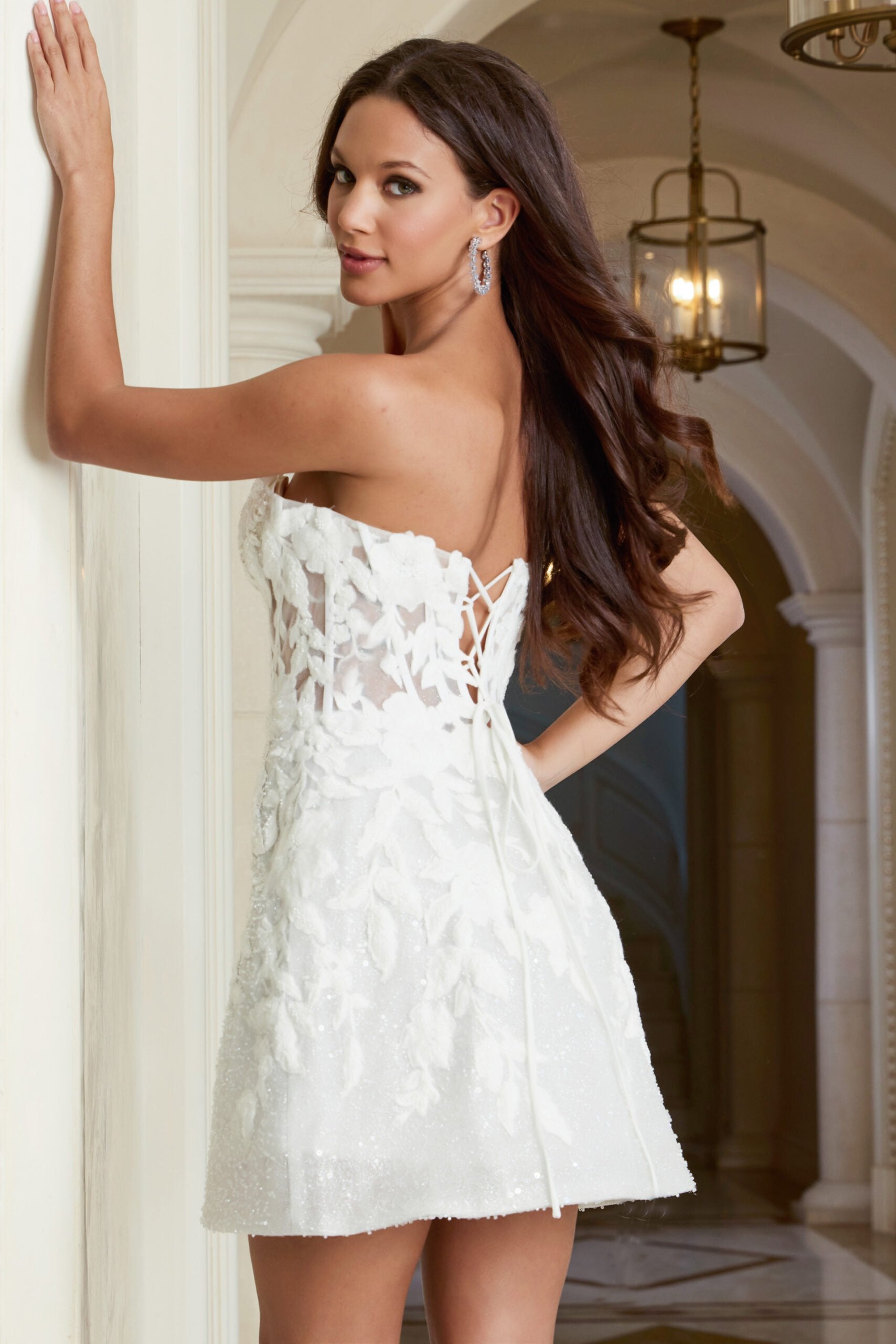 Jovani -45855 Corset Bodice Floral Lace Short Dress
