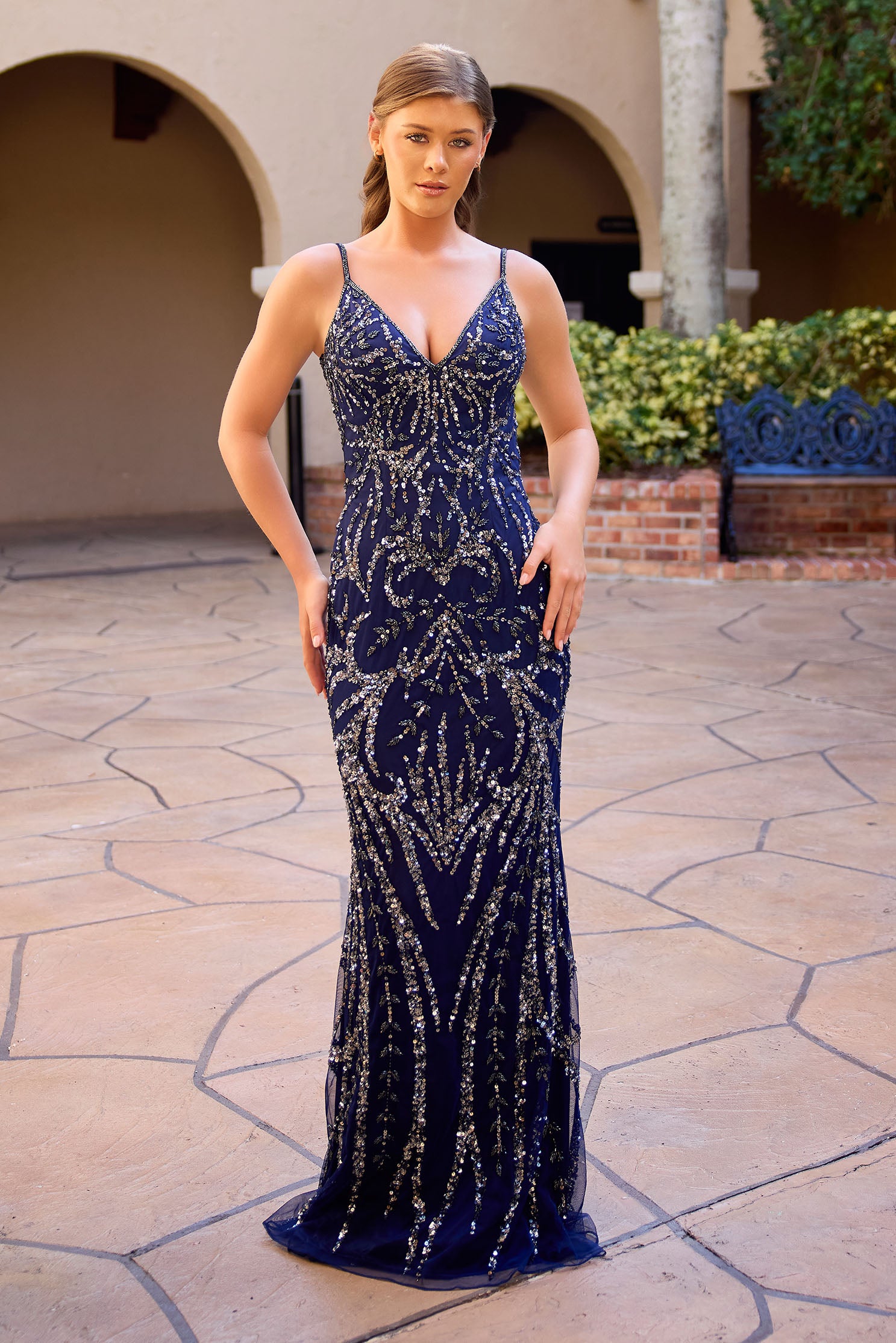 Primavera Couture -4593 Spagetti Strap Sequins and Beaded V neckline gown.