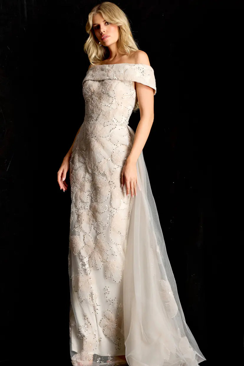 Jovani -46034B Floral Applique Overskirt Evening Gown
