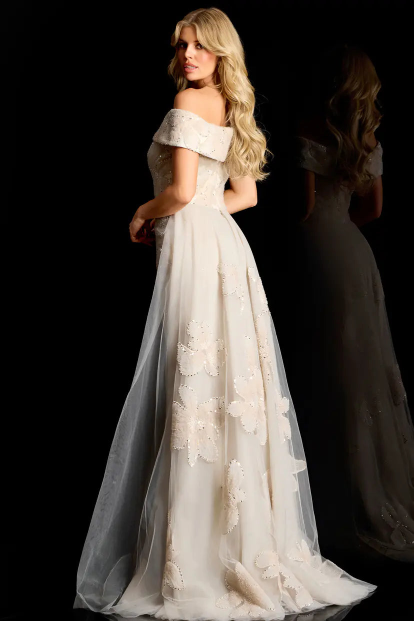 Jovani -46034B Floral Applique Overskirt Evening Gown