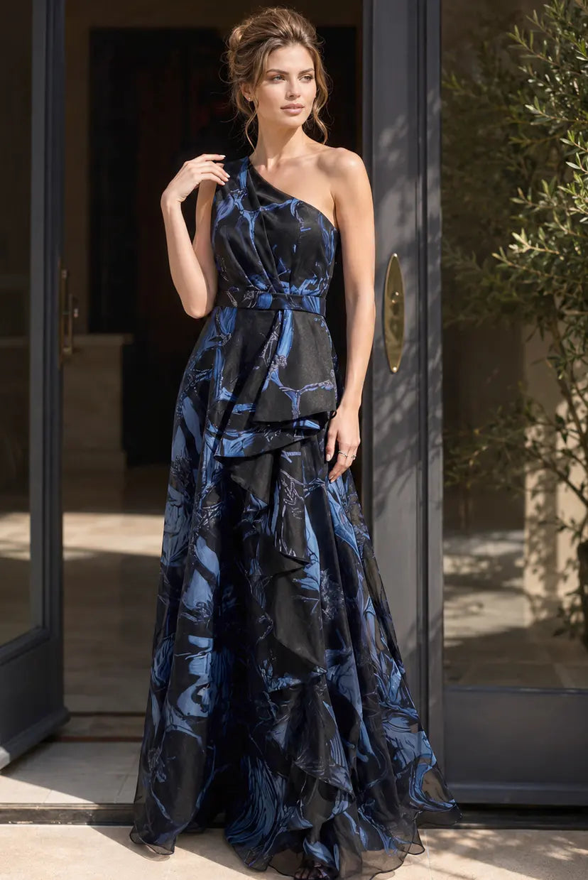 Jovani -46319B Floral Print One Shoulder A Line Gown