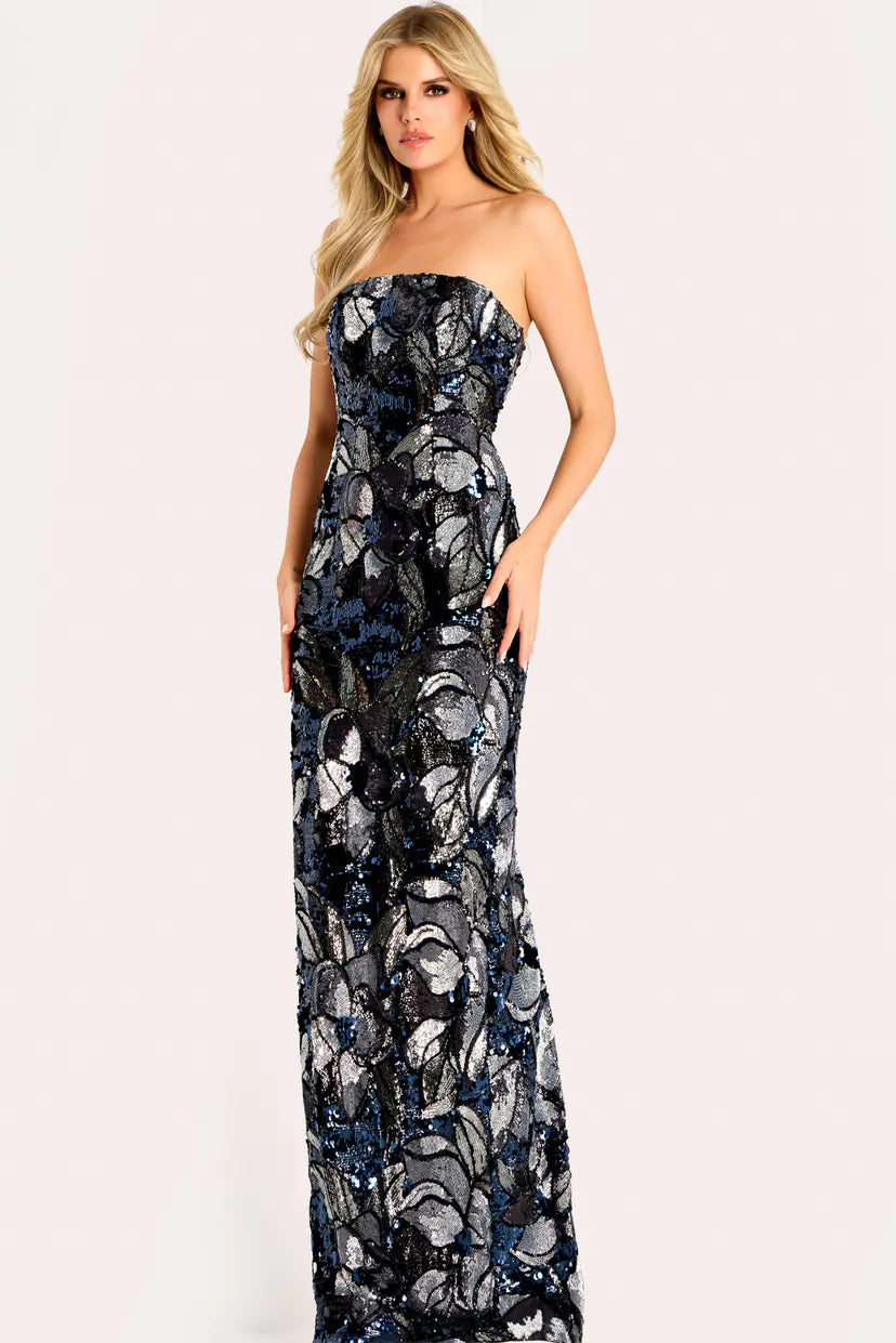 Jovani -46431 Strapless Sequin Floral Column Gown