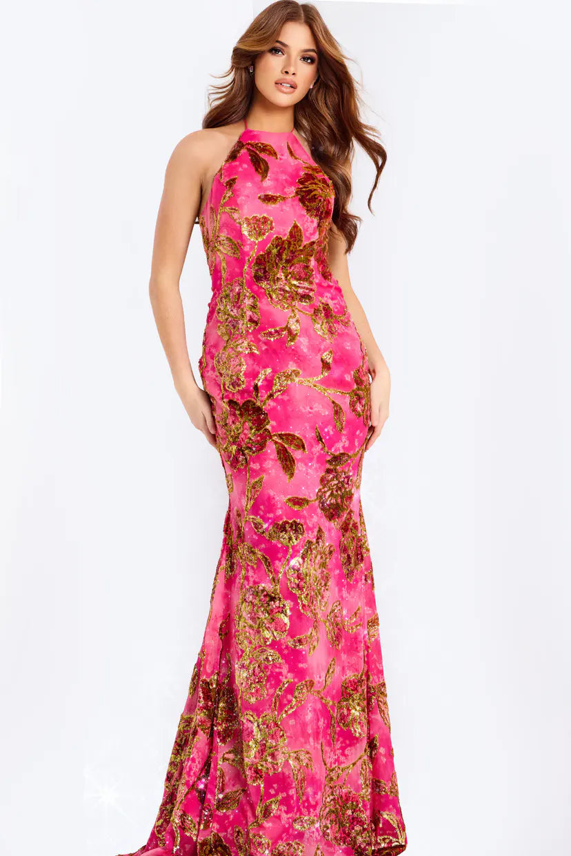 Jovani -46434 Halter Floral Sequin Mermaid Dress