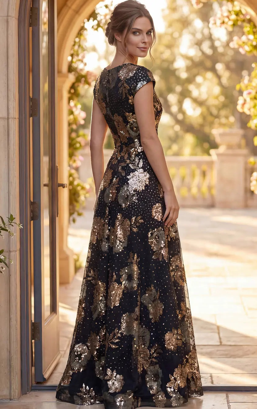 Jovani -46493 Jacquard V Neck Floral A Line Gown