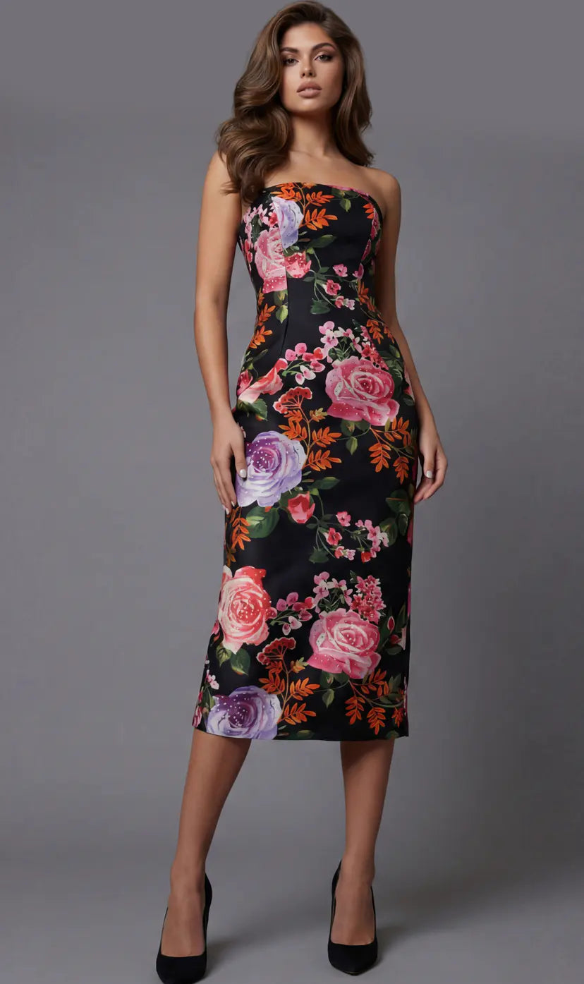 Jovani -46565B Strapless Floral Sheath Short Dress