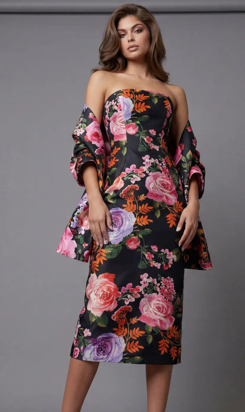 Jovani -46565B Strapless Floral Sheath Short Dress