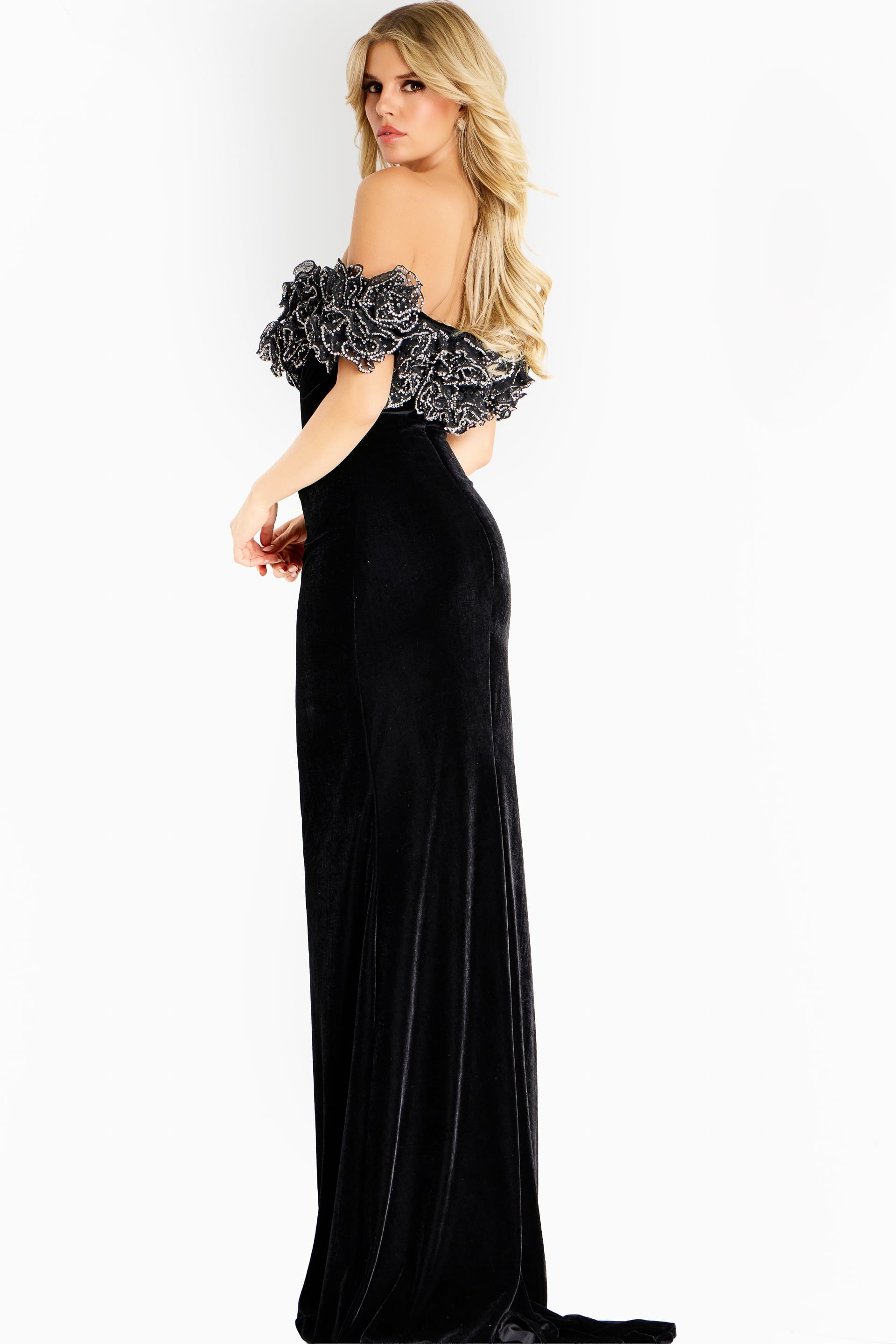 Jovani -47086 Beaded Off Shoulder Column Velvet Gown