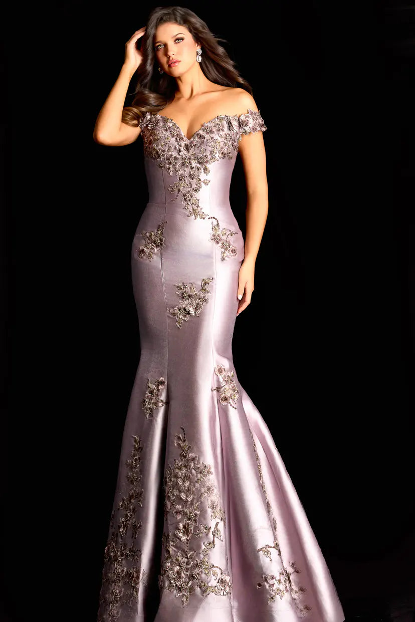 Jovani -47217 Floral Embroidery Off Shoulder Satin Gown