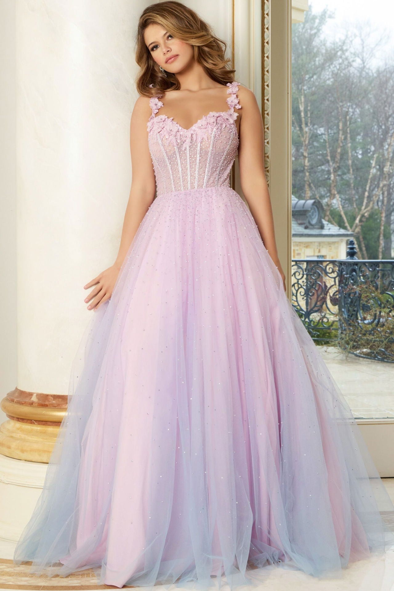 Jovani -47305 Floral Applique Corset Tulle Ball Gown