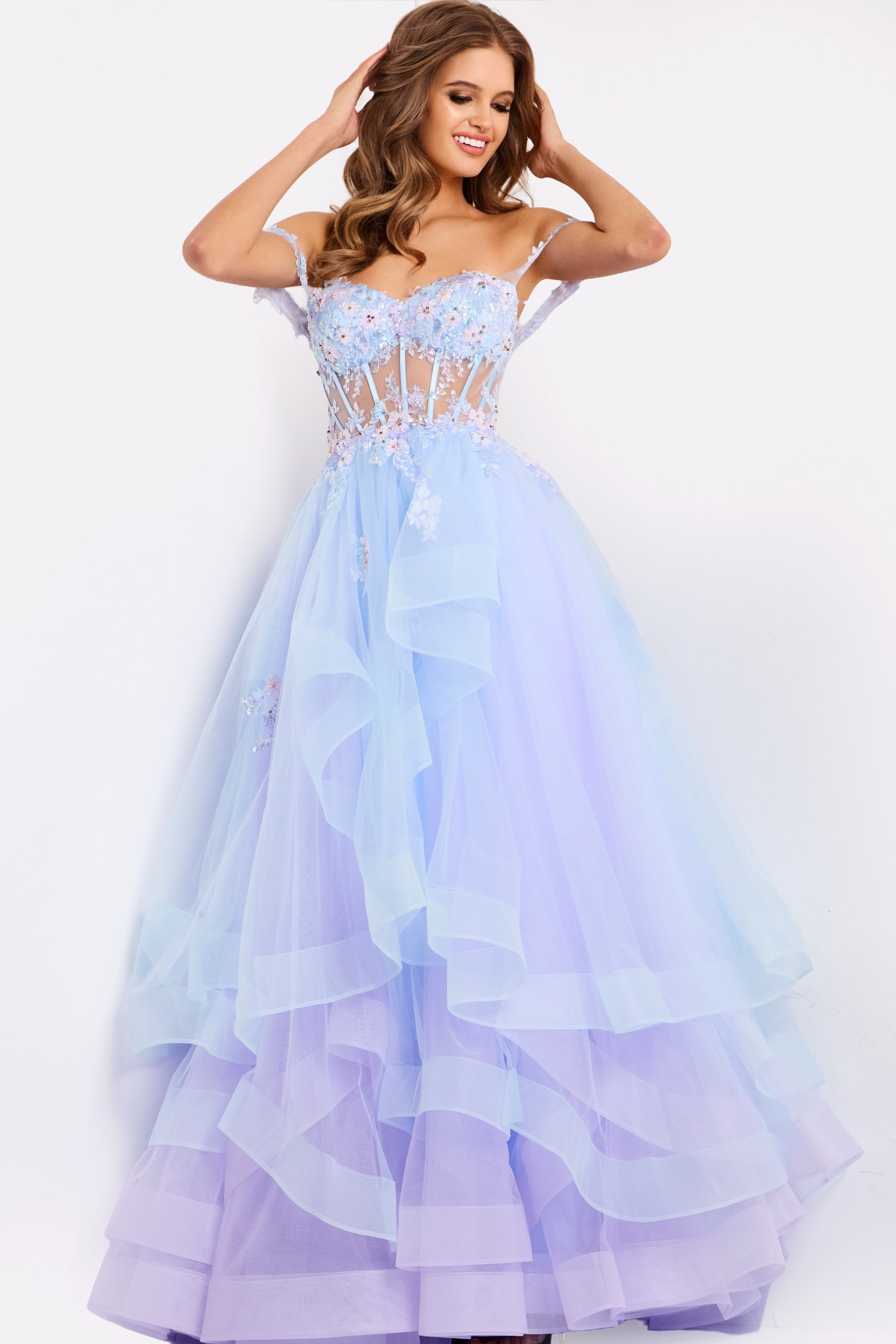 Jovani -47427 Off Shoulder Floral Tulle Ballgown