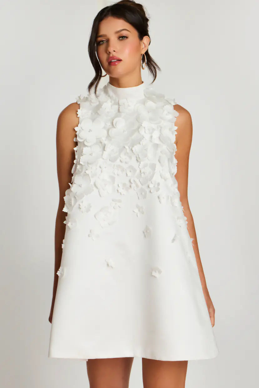 Jovani -47572B Floral Applique High Neck Short Dress