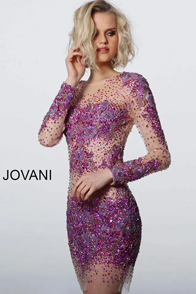 Jovani -47598 Sheer Beaded Illusion Short Cocktail Dress