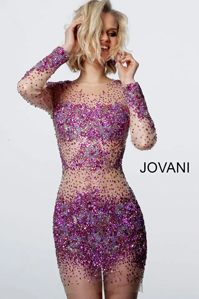 Jovani -47598 Sheer Beaded Illusion Short Cocktail Dress