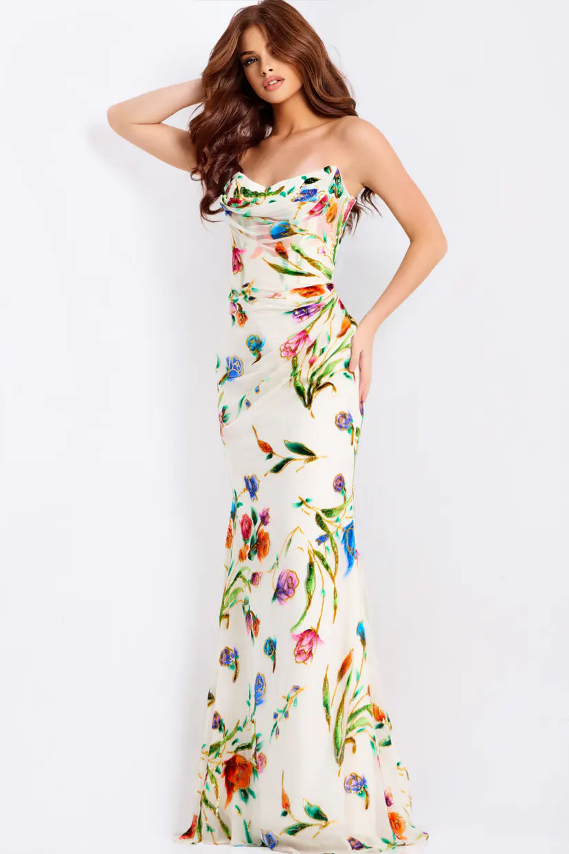 Jovani -47626B Cowl Floral Print Prom Dress