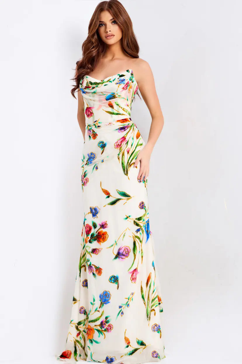 Jovani -47626B Cowl Floral Print Prom Dress