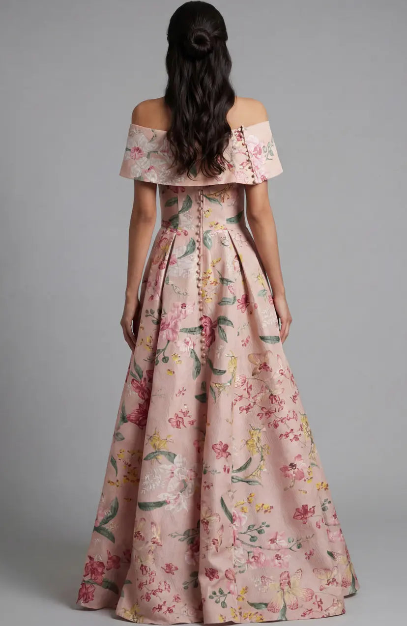Jovani -47629 Printed Off Shoulder Satin Ball Gown