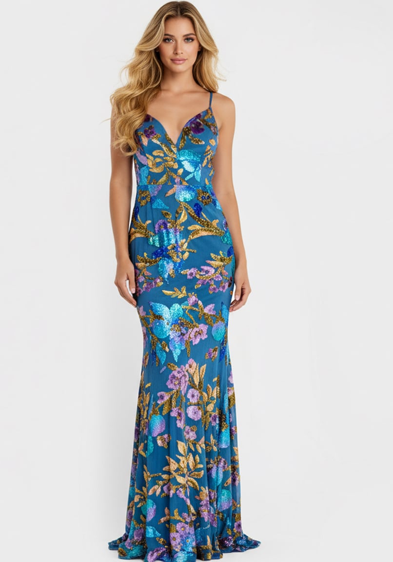 Jovani -47655 Sequin Floral Deep V-Neck Sheath Gown
