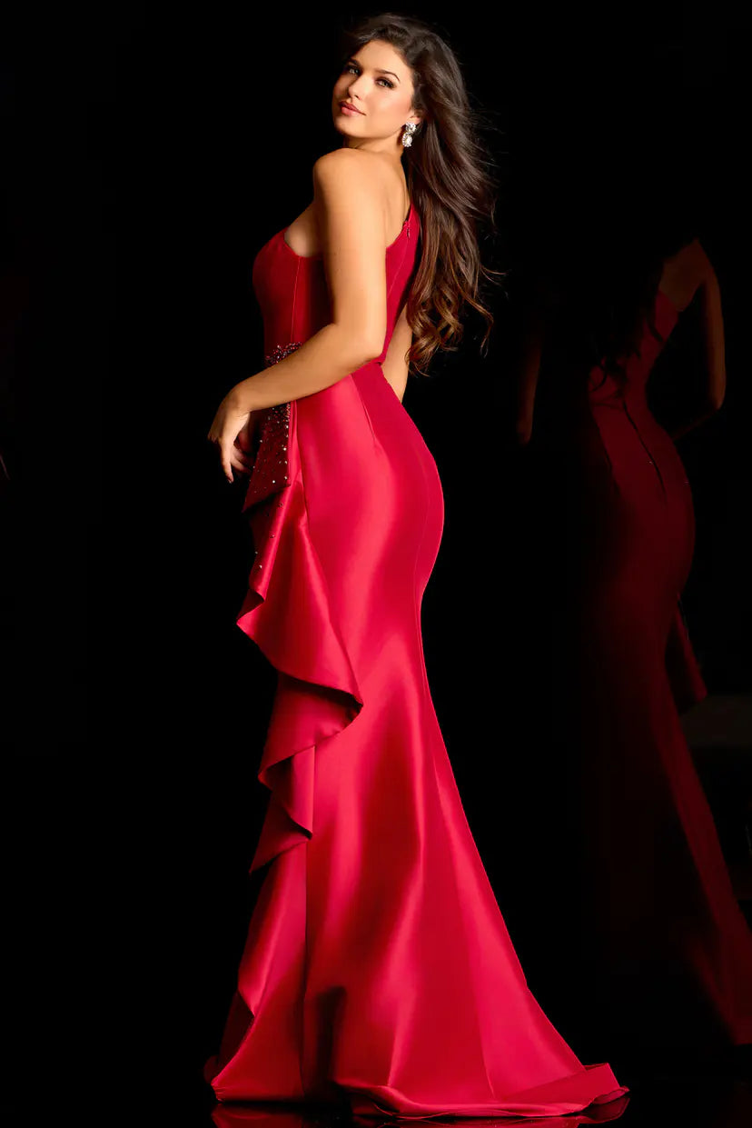 Jovani -48003 Beaded Applique One Shoulder Ruffle Gown