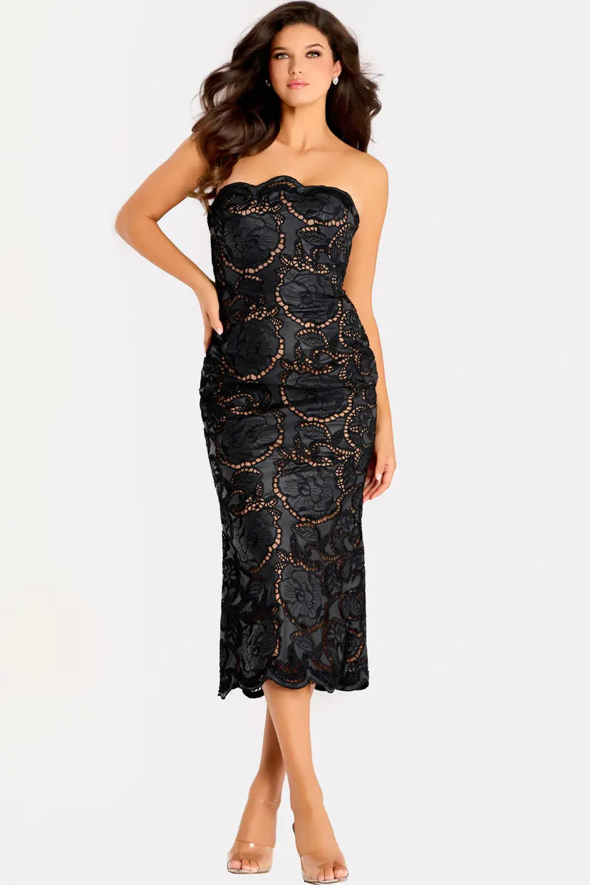 Jovani -48099 Floral Lace Beaded Strapless Sheath Dress