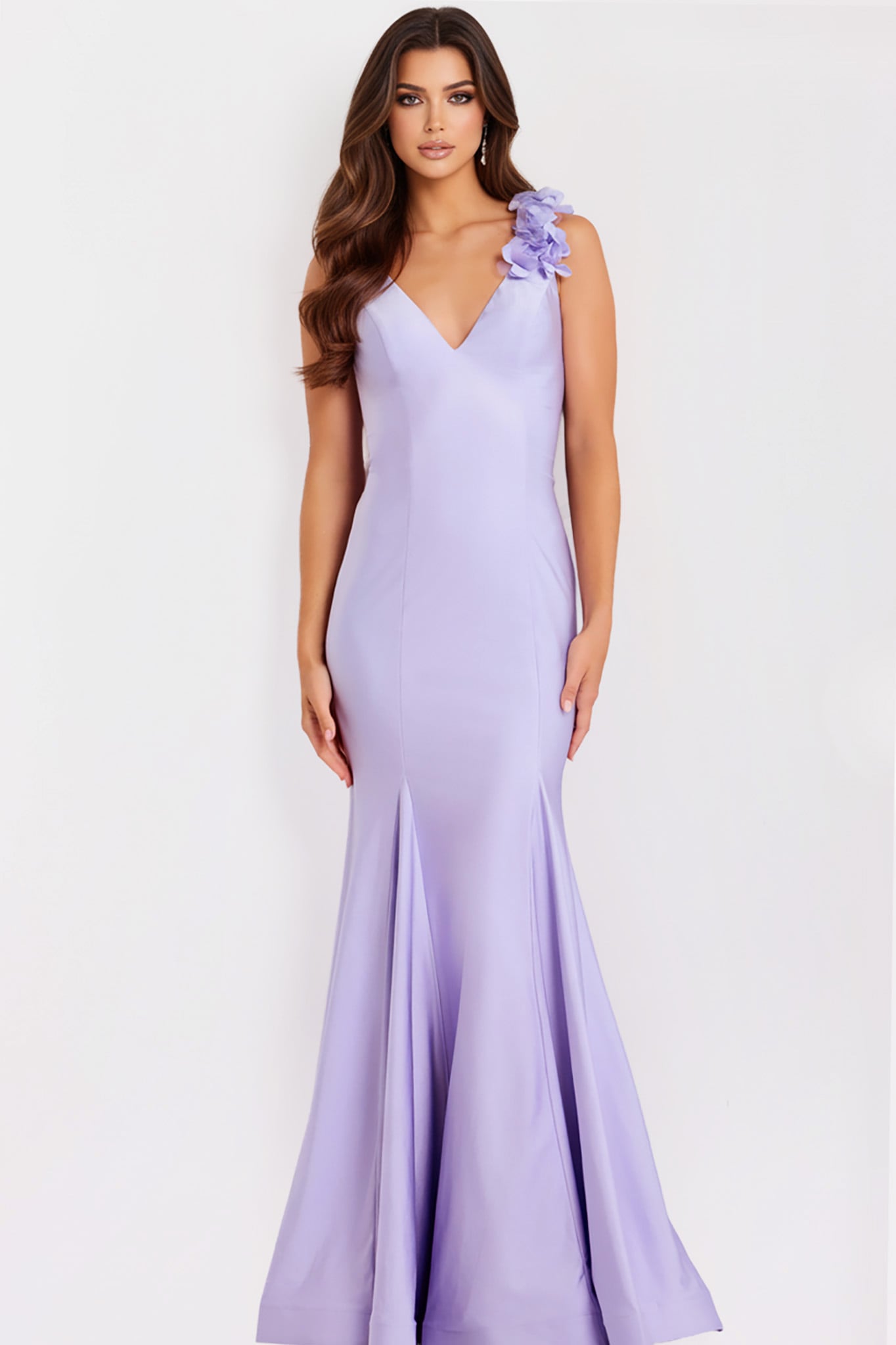 Jovani -48120 Floral Shoulder V Neck Mermaid Long Gown