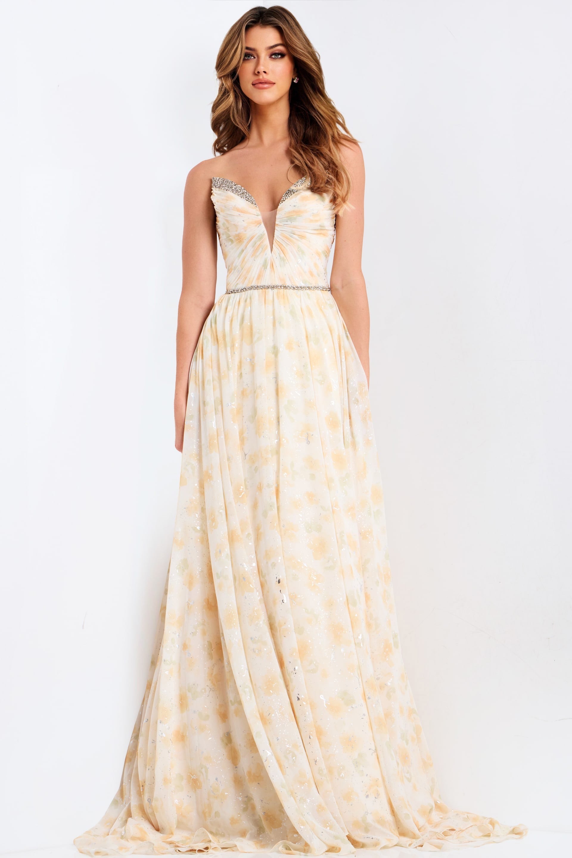 Jovani -48139 Floral Chiffon Plunging A-Line Dress