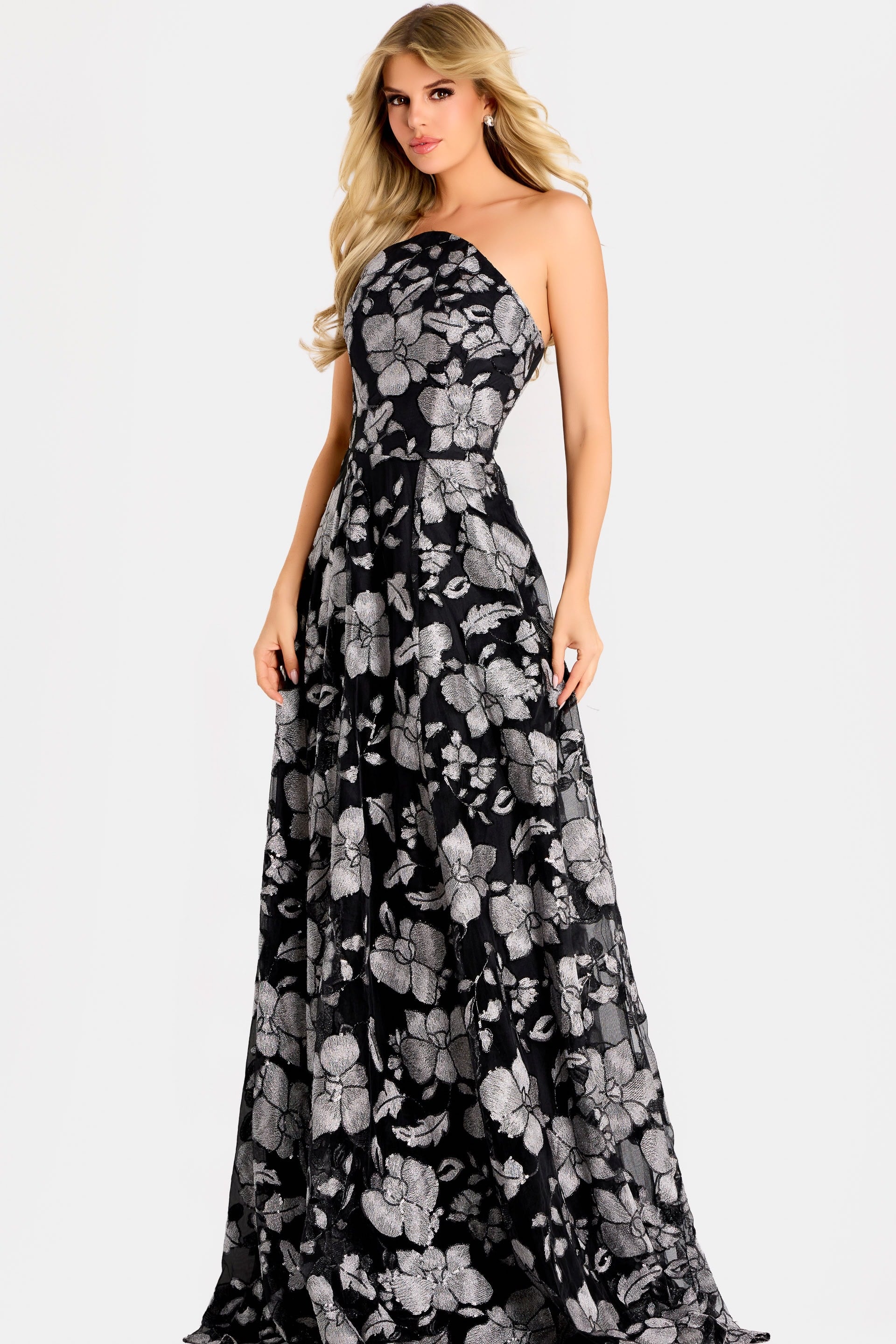 Jovani -48175 Strapless Floral Jacquard A-line Dress