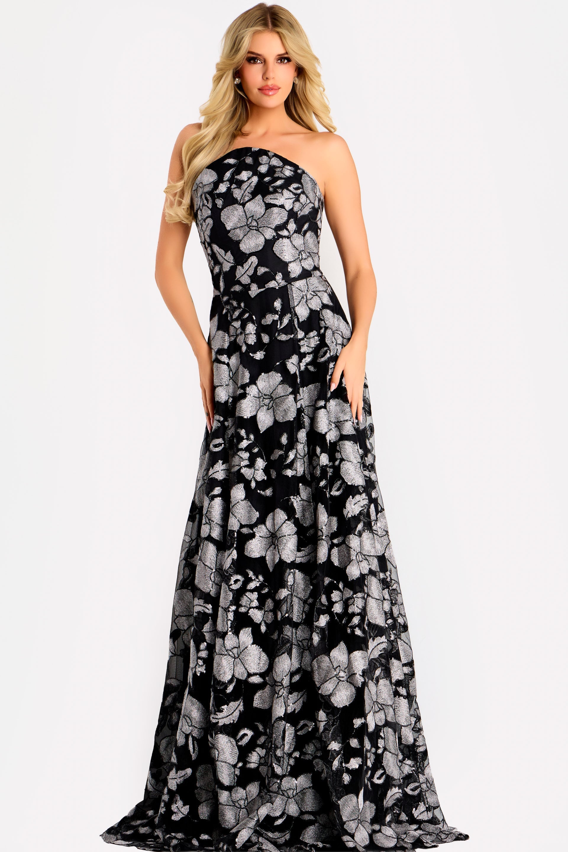 Jovani -48175 Strapless Floral Jacquard A-line Dress