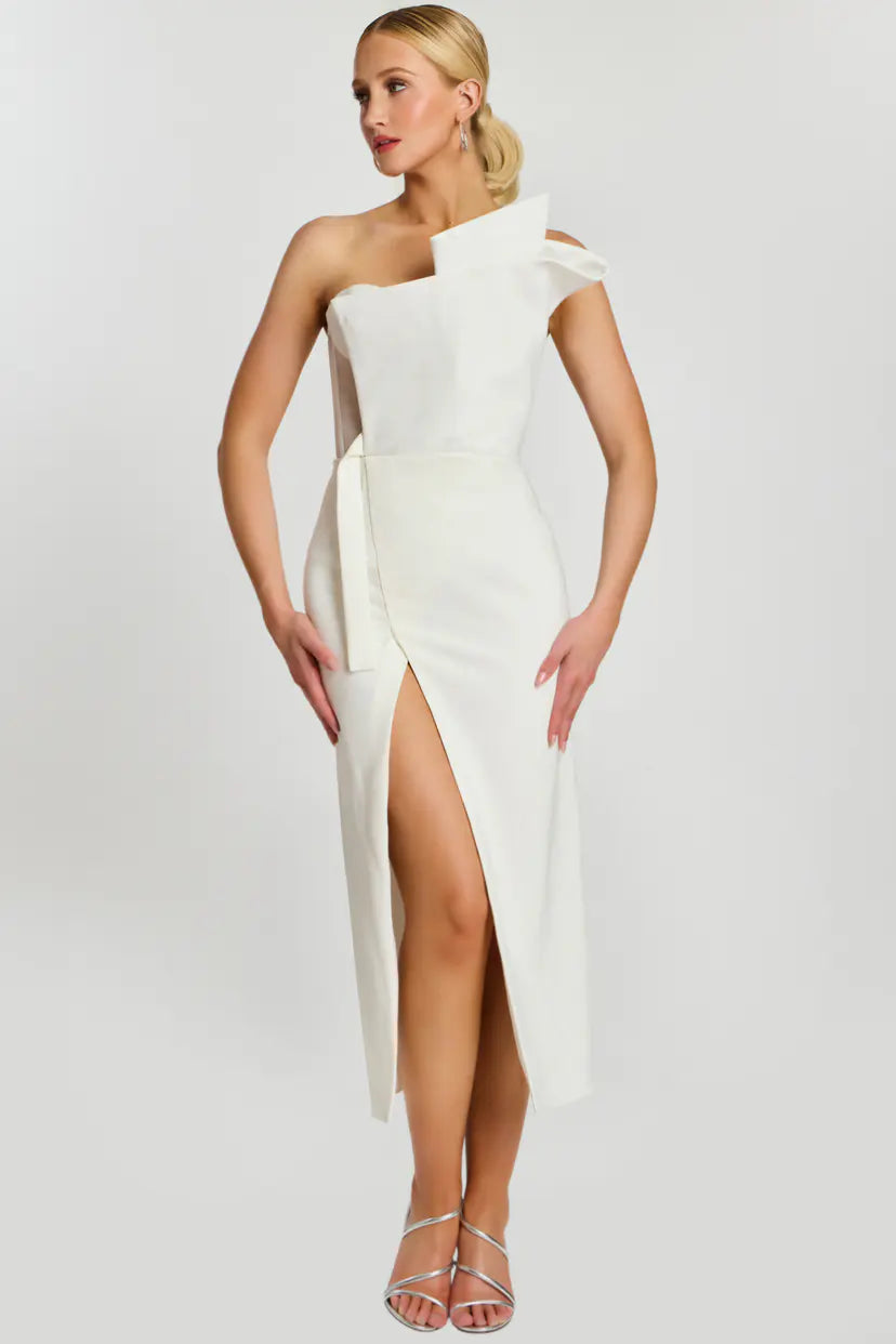 Jovani -48205 Satin One Shoulder Sheath Tea-length Gown