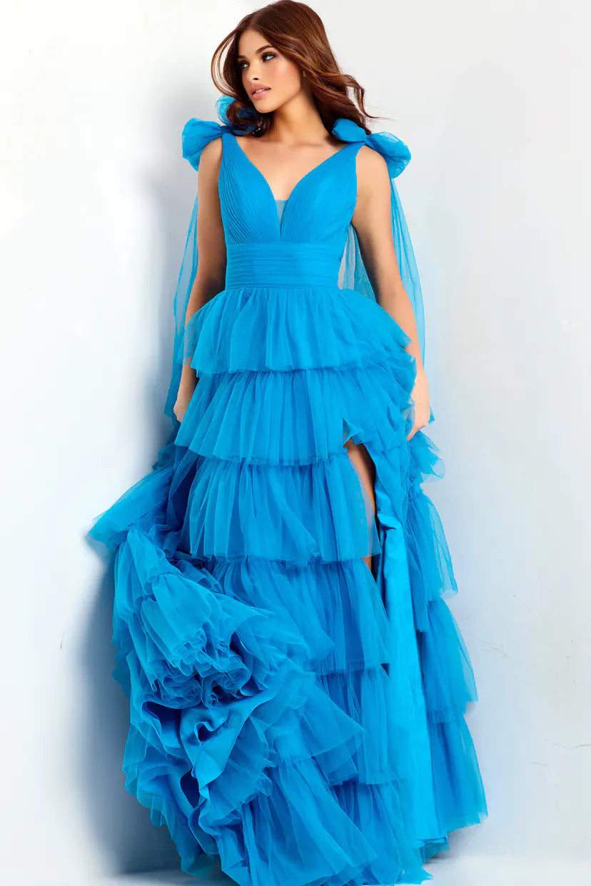 Jovani -48288 Plunging V-Neck A-line Tulle Gown