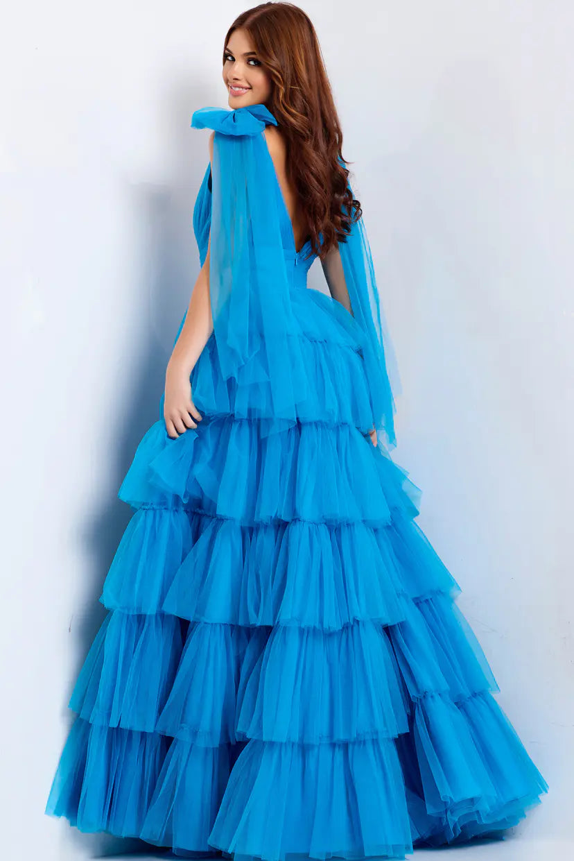 Jovani -48288 Plunging V-Neck A-line Tulle Gown