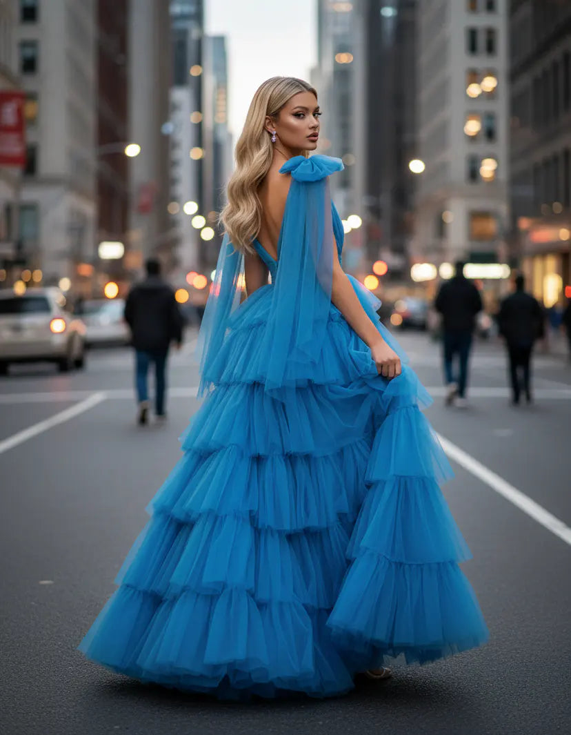 Jovani -48288 Plunging V-Neck A-line Tulle Gown