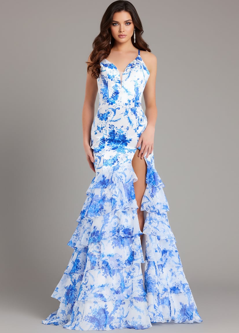 Jovani -48331 Plunging V-Neck Trumpet Ruffle Gown
