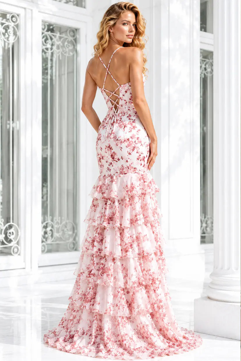 Jovani -48332B Floral Tiered Ruffle Mermaid Dress