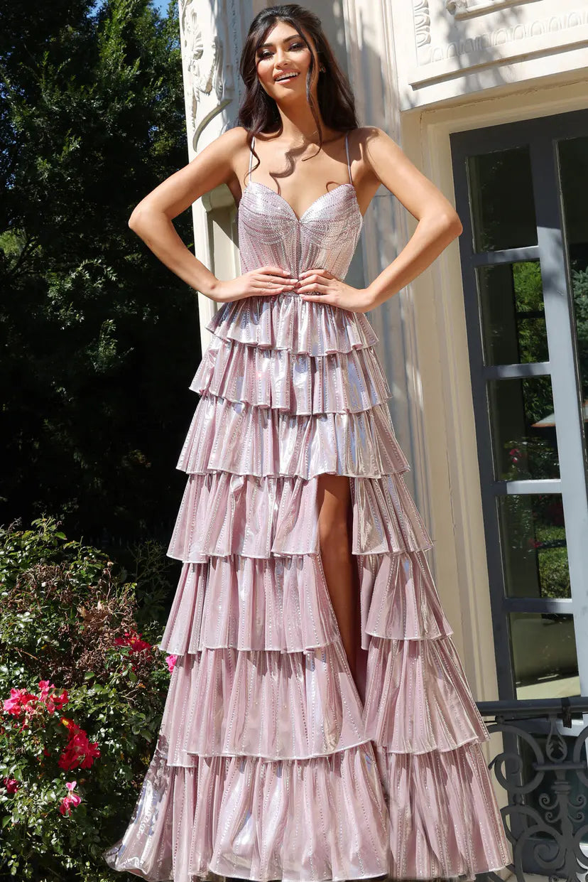 Jovani -48341B Sweetheart Metallic Tiered Ruffle Gown