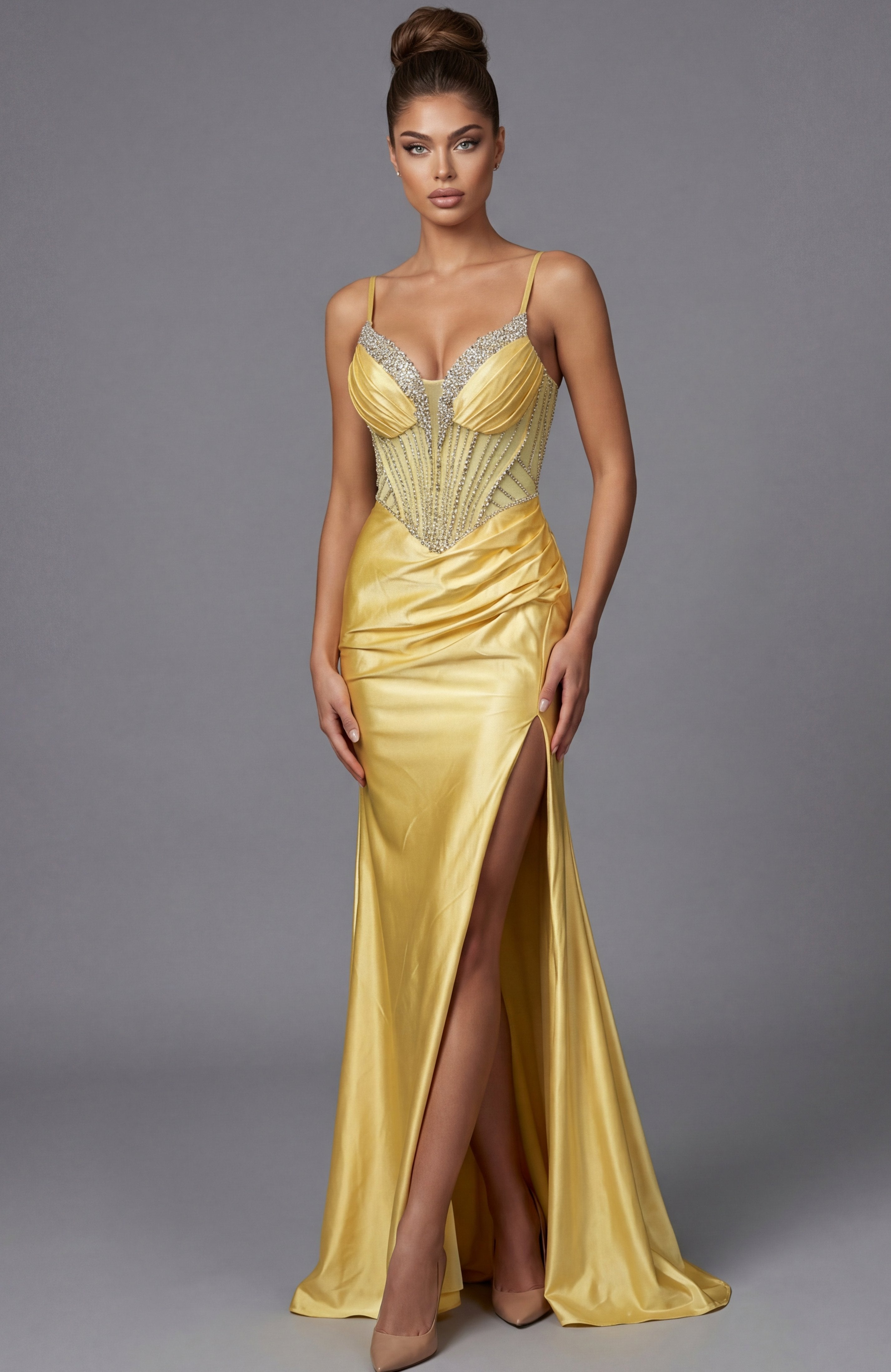 Jovani -48368 Beaded Plunging Satin Sheath Gown