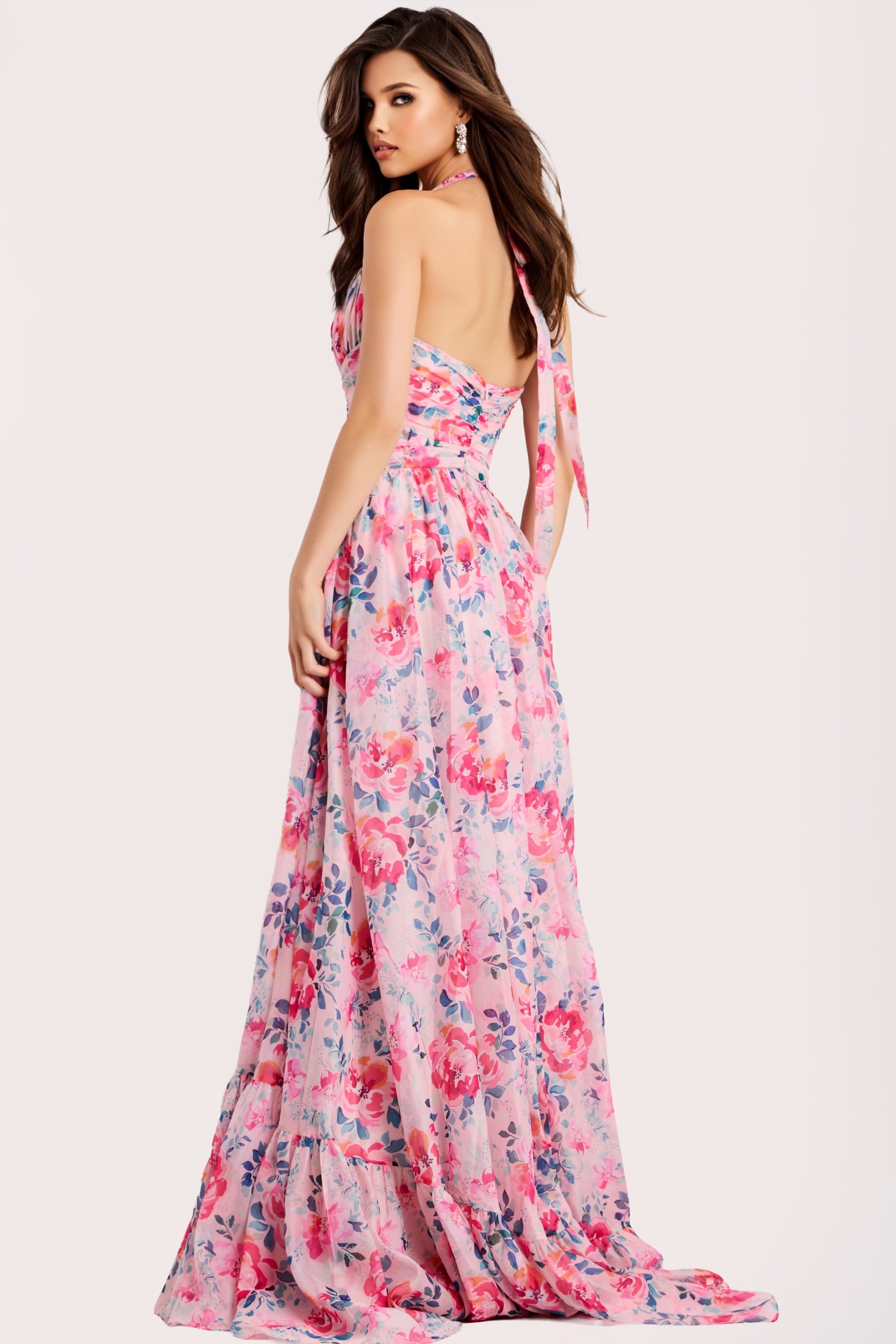 Jovani -48469 Ruffled Hem Floral Halter Long Dress