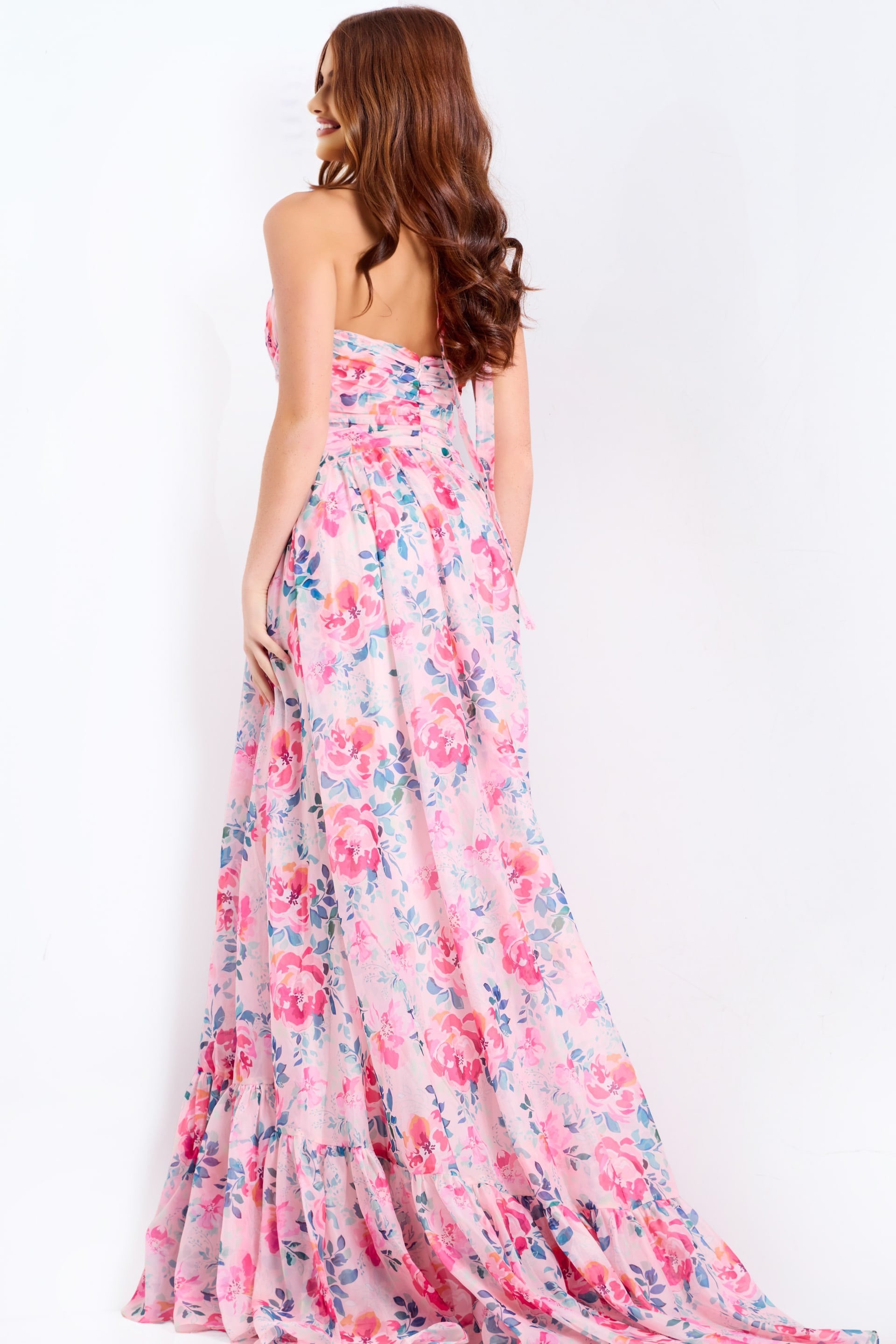 Jovani -48469 Ruffled Hem Floral Halter Long Dress