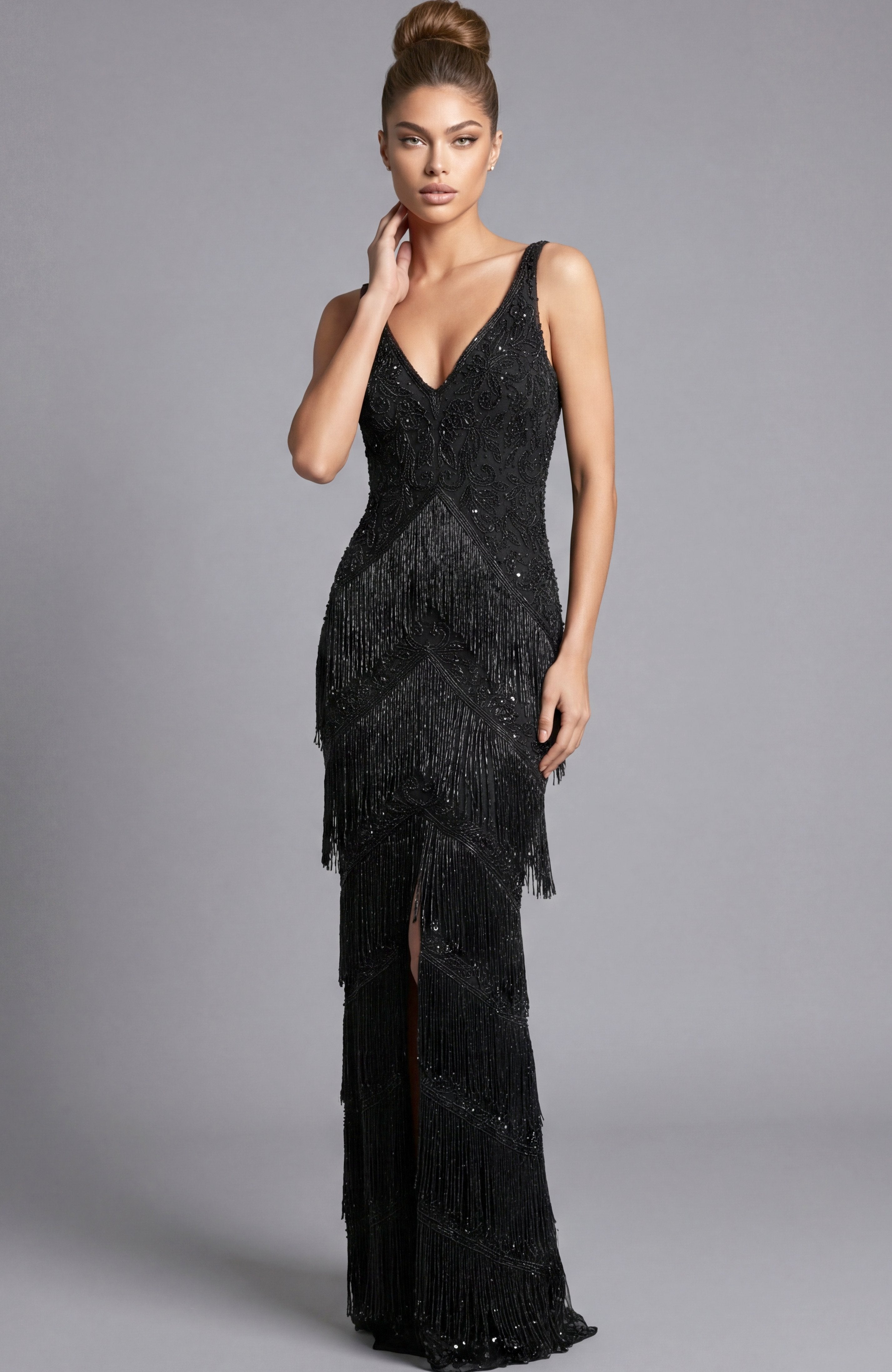 Jovani -48521 Beaded Deep V-Neck Sheath Gown