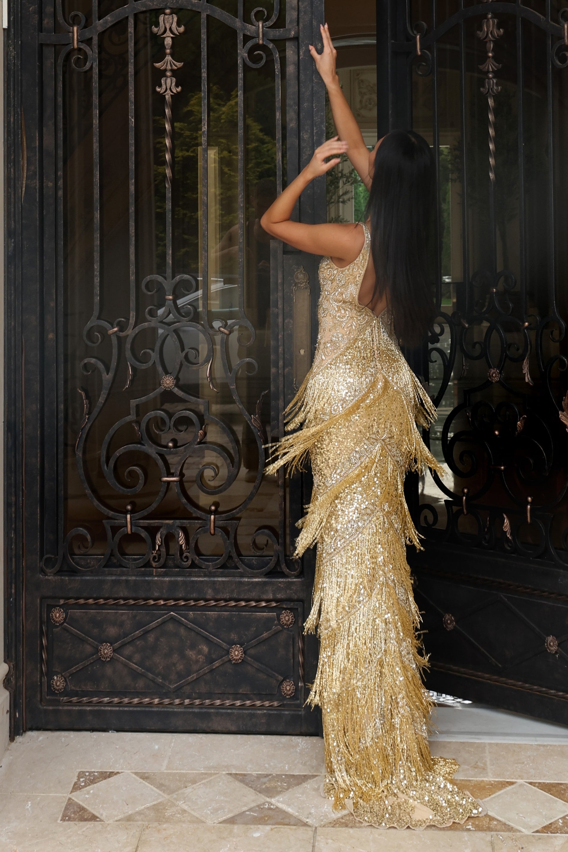 Jovani -48521 Beaded Deep V-Neck Sheath Gown