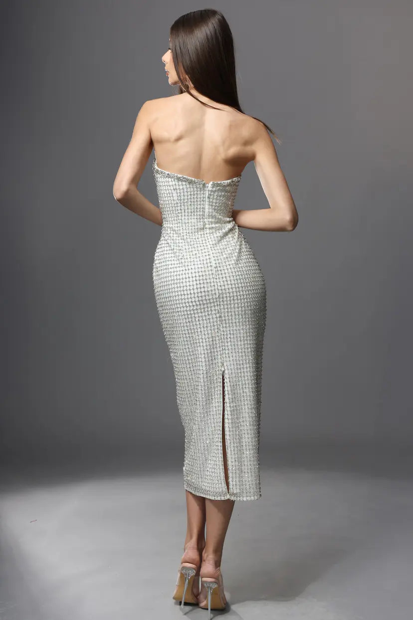 Jovani -48559 Beaded Strapless Column Tea-Length Gown