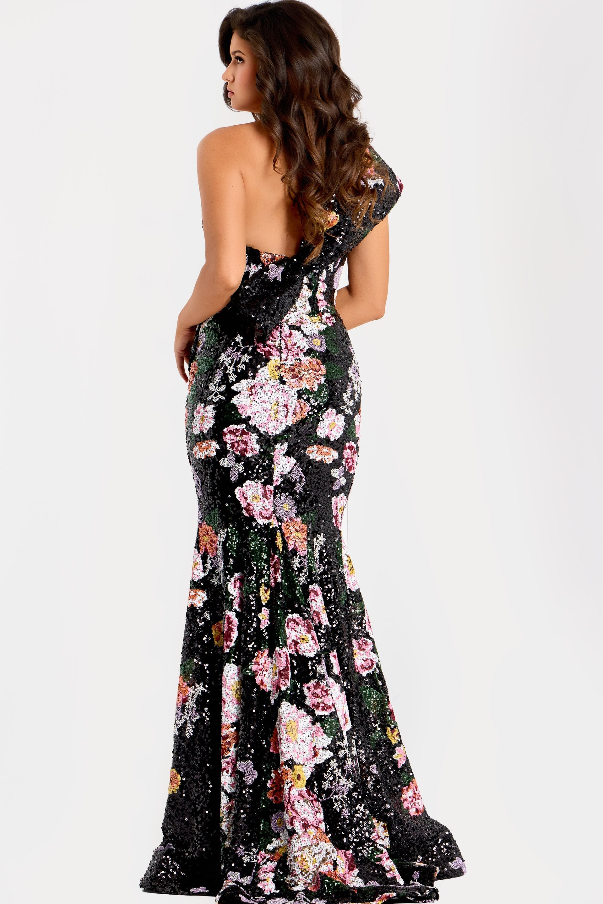 Jovani -48638 One Shoulder Floral Sequin Evening Gown