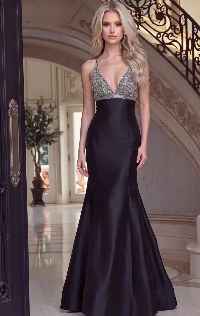 Jovani -48728 Beaded V Neck Taffeta Mermaid Gown