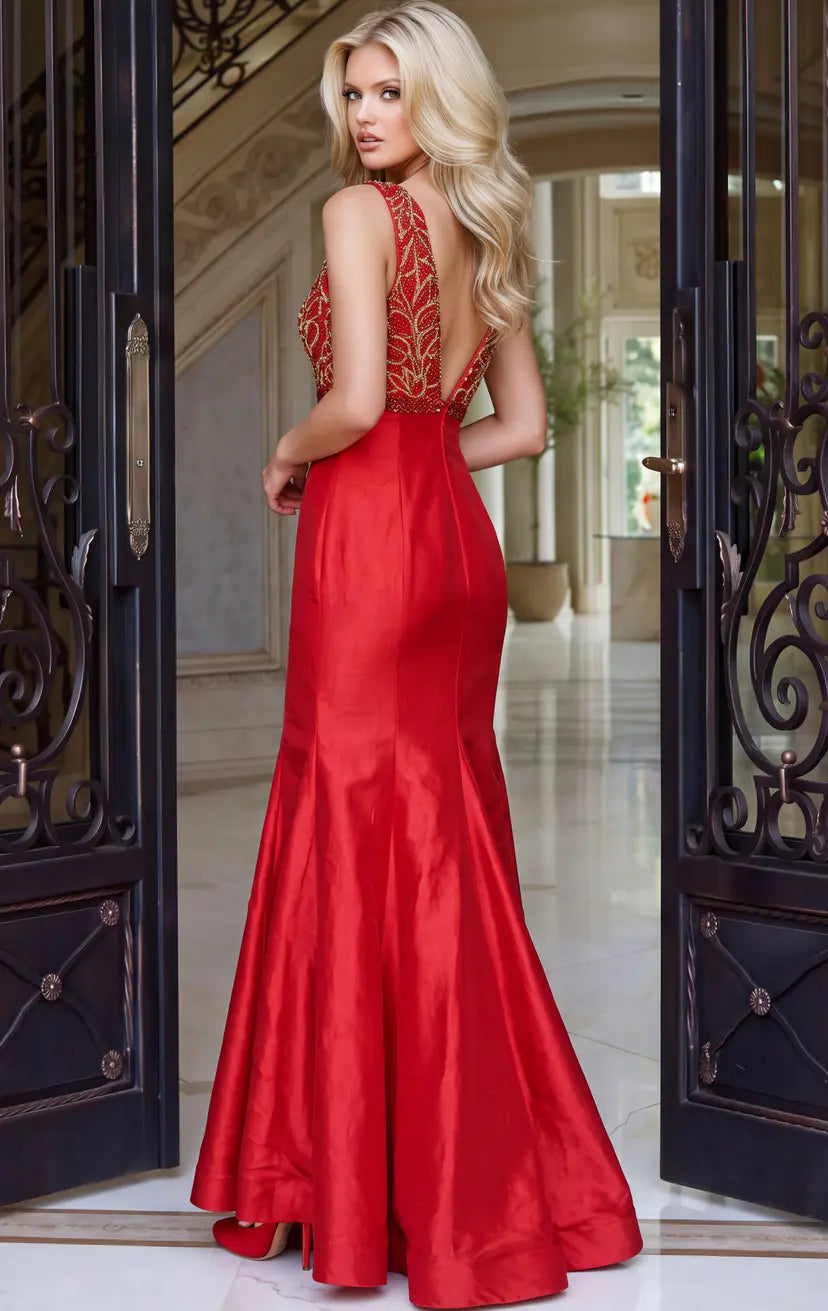 Jovani -48728 Beaded V Neck Taffeta Mermaid Gown