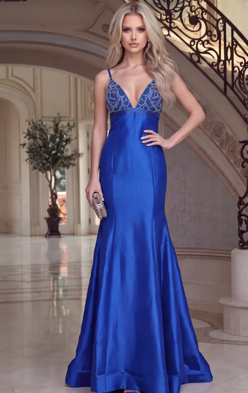 Jovani -48728 Beaded V Neck Taffeta Mermaid Gown