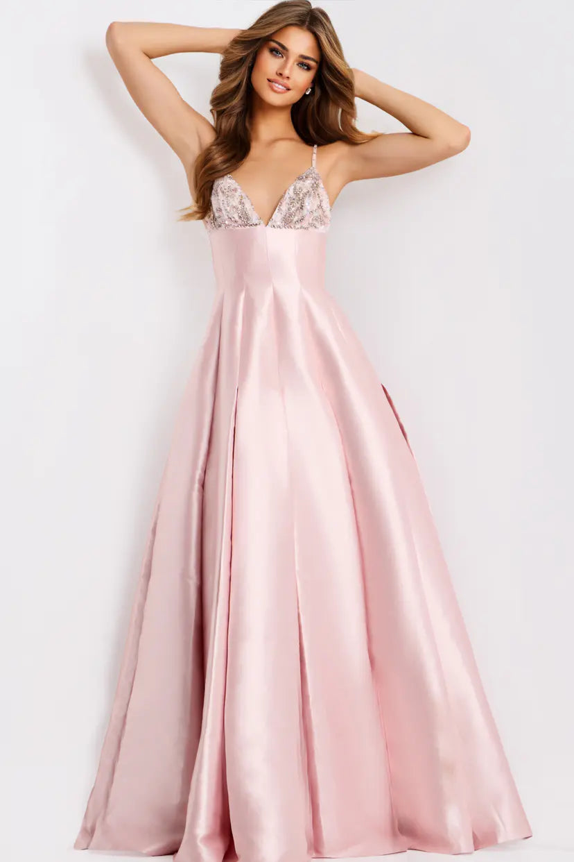 Jovani -48732B Beaded V Neck Satin A-Line Gown