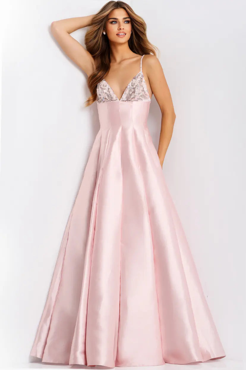 Jovani -48732B Beaded V Neck Satin A-Line Gown