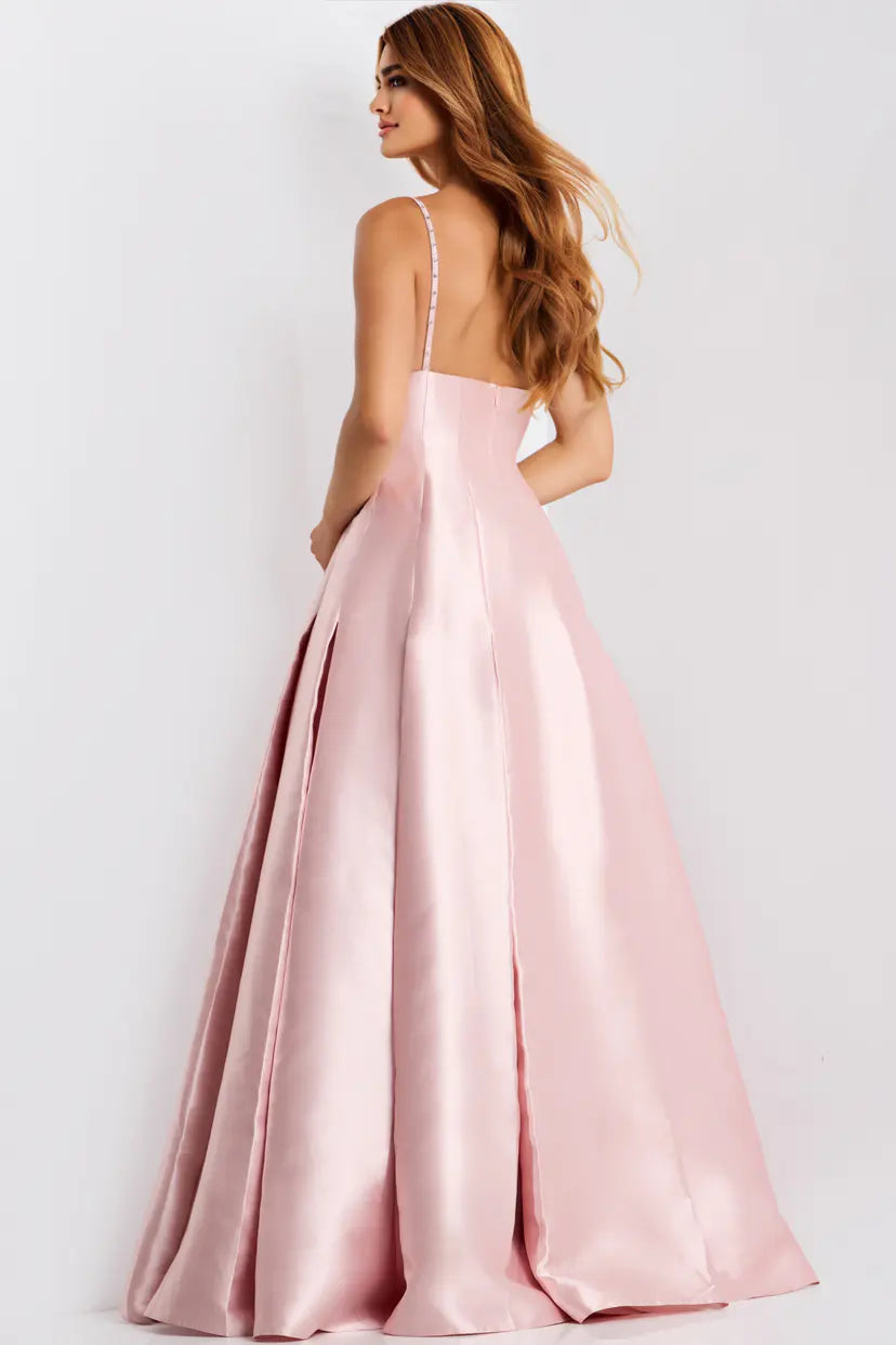 Jovani -48732B Beaded V Neck Satin A-Line Gown