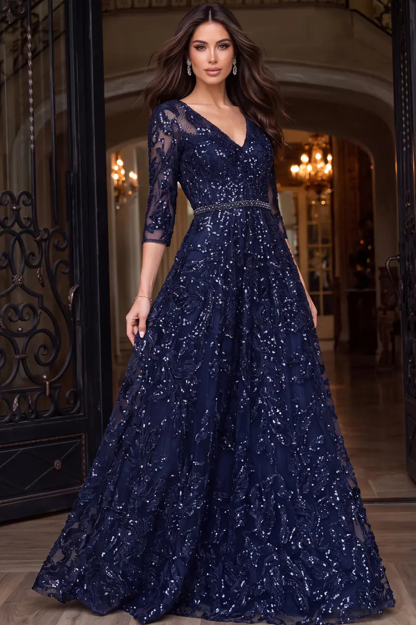 Jovani -48749 V Neck Sequin Lace A Line Gown