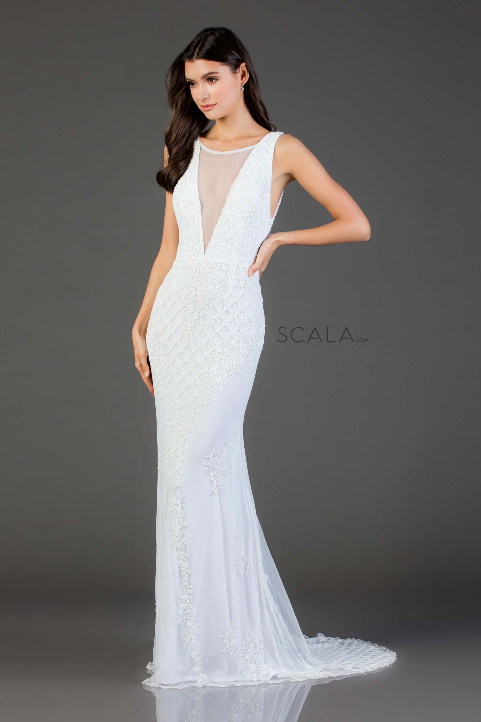 SCALA -48787 Sheath Deep Plunging Applique Dress